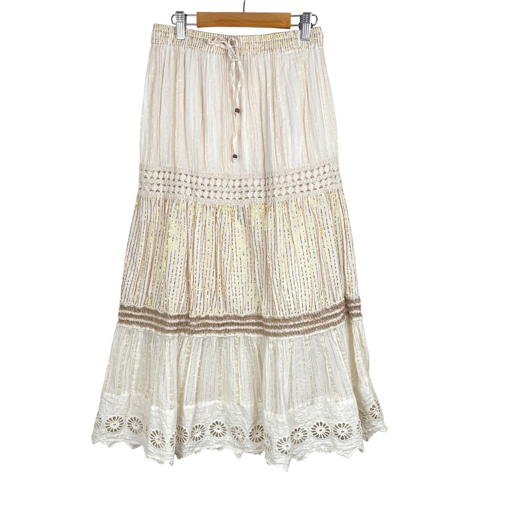 Vtg Womens Skirt Sz M %100 Cotton Boho Fairy Grunge Cottage Midi Lace Tiered